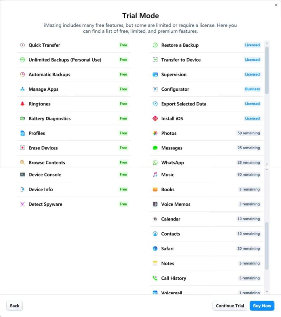 iMazing 3.2 Free vs Paid