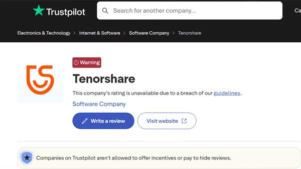Tenorshare's company rating is currently unavailable on Trustpilot due to guideline violations