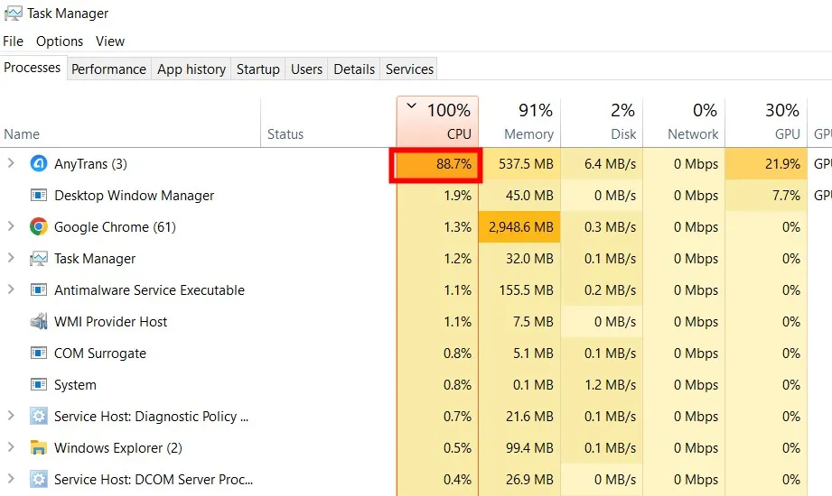 AnyTrans use too much CPU, which may lead to app crash.