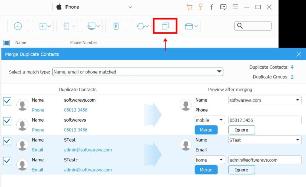 FoneTrans - removing duplicate iPhone contacts [free trial]