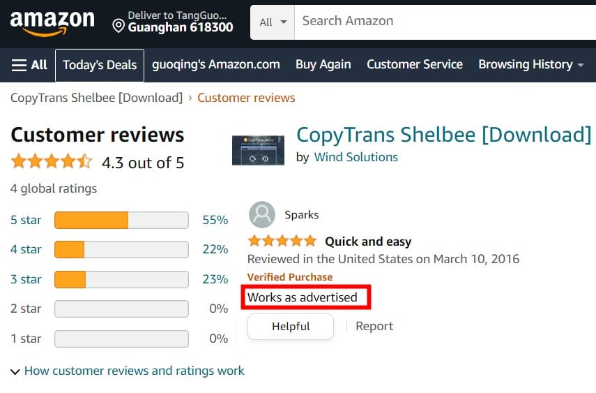 Amazon reivew - CopyTrans Shelbee