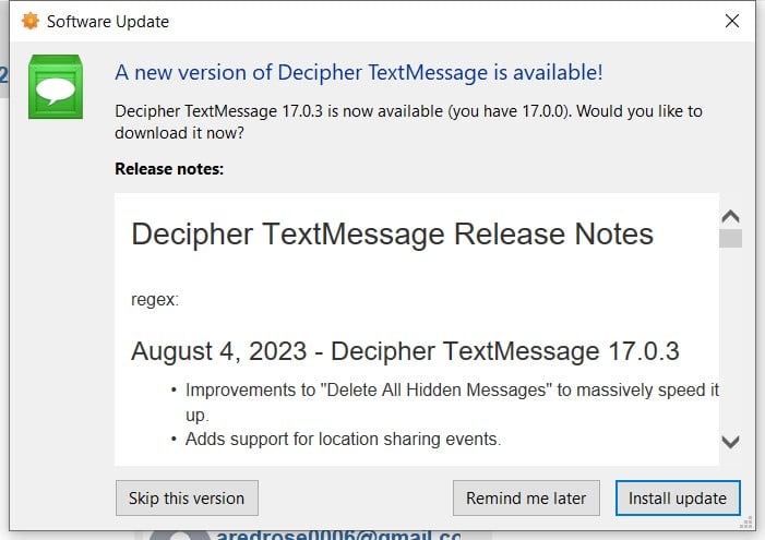 Decipher TextMessages Update Note