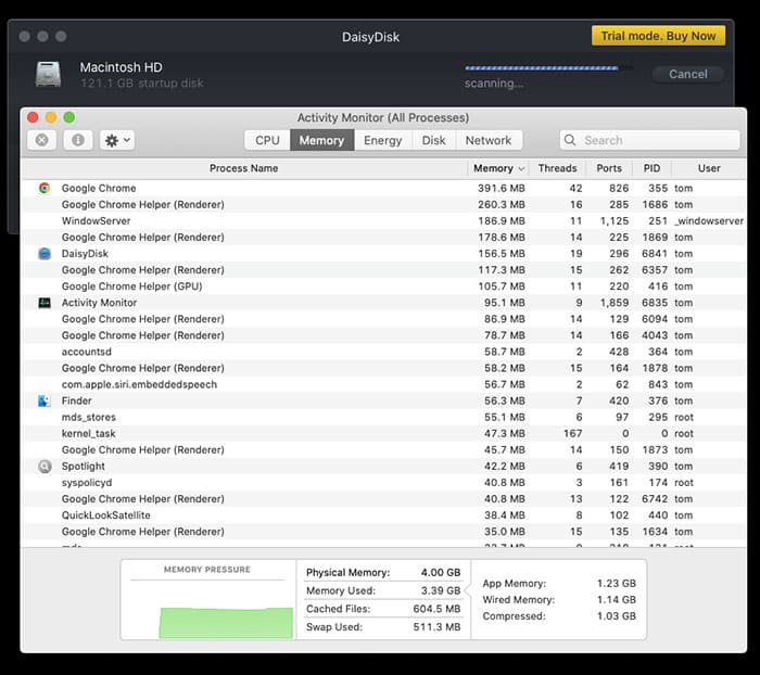 Memory usage while DaisyDisk scans Mac storage