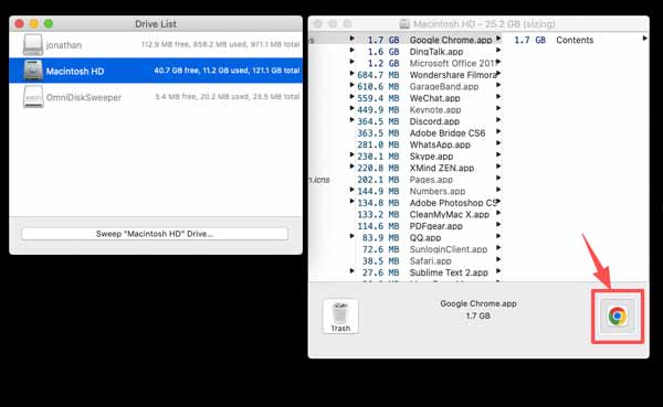 Vista en lista de OmniDiskSweeper